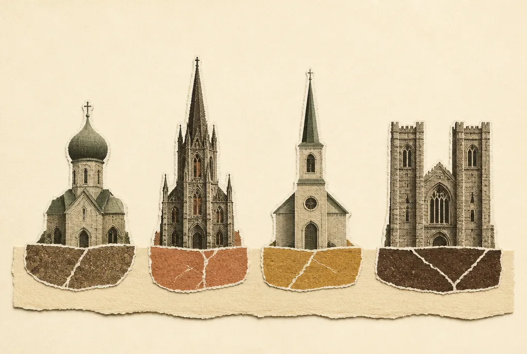 Four small paper cut-out church buildings in a row, each with a different roof shape, standing on separate cracked pieces of ground. A single unbroken strip of torn cream paper runs underneath all four of them from one side of the picture to the other.