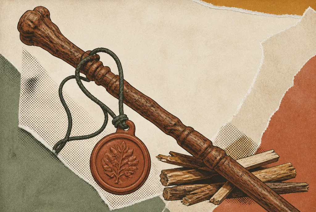 A carved wooden walking staff and a signet seal on a cord, lying together in the middle of the picture. Beneath them at the edge sits a small bundle of kindling firewood that has not been lit.