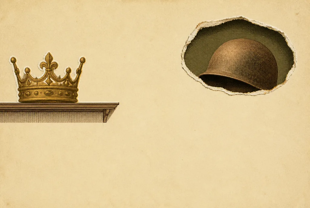 A gold-brown crown sits on a narrow shelf. Next to it is a torn oval gap in the paper where a portrait would normally be. A dented bronze soldier's helmet rests inside the gap.