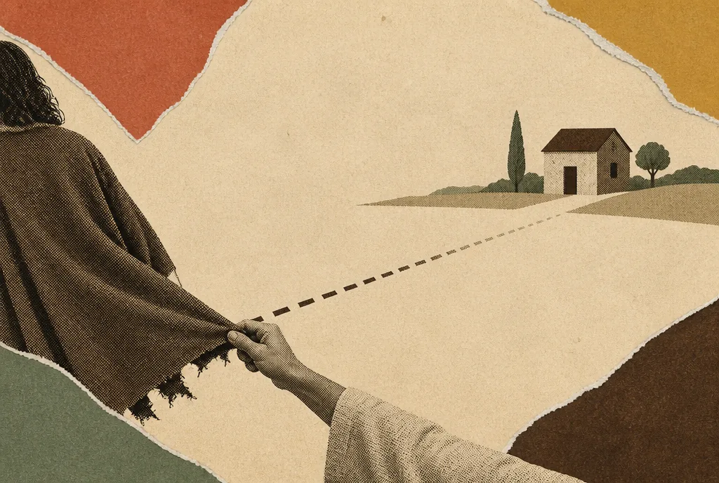 004-on-being-interrupted-1 A dotted line crosses the picture towards a small house but breaks off halfway. At the break, a hand reaches out and takes hold of the torn hem of a cloak. Past that point the dotted line is faint.
