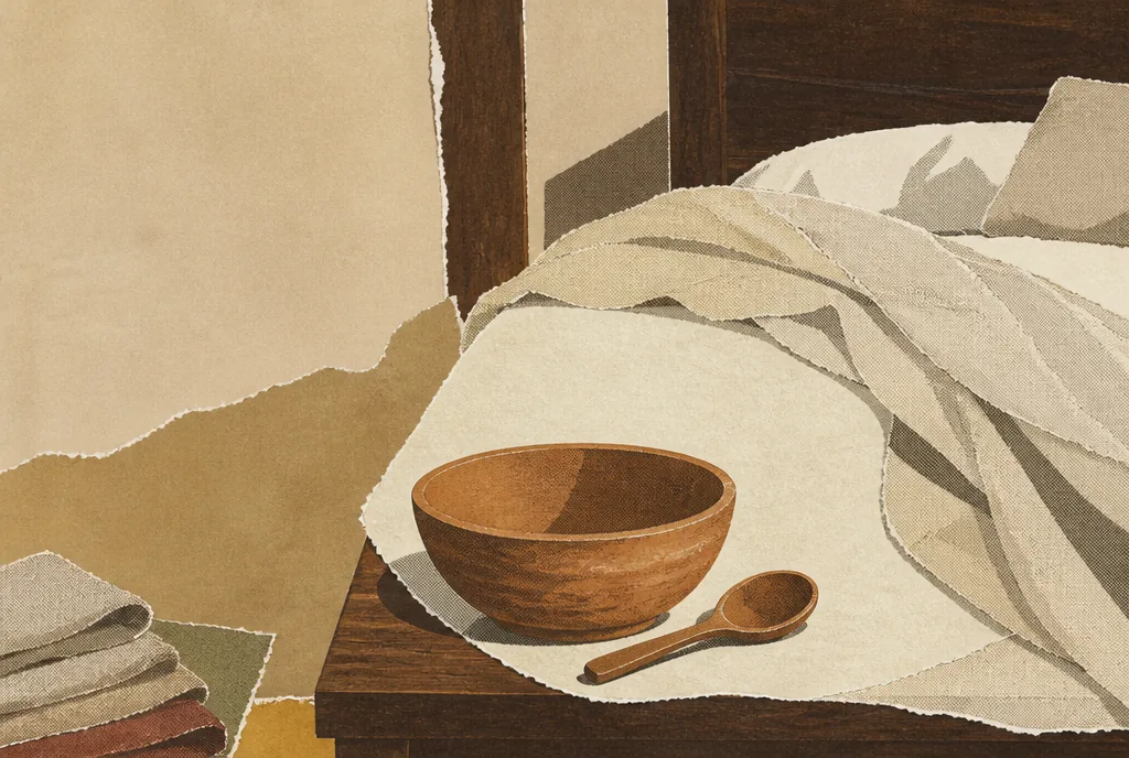 004-on-being-interrupted-2 A plain clay bowl and a spoon sit on the edge of a rumpled bed, large in the middle of the picture. The bedcovers are thrown back and the bed is empty. Small folded cloths are pushed to the far corner.