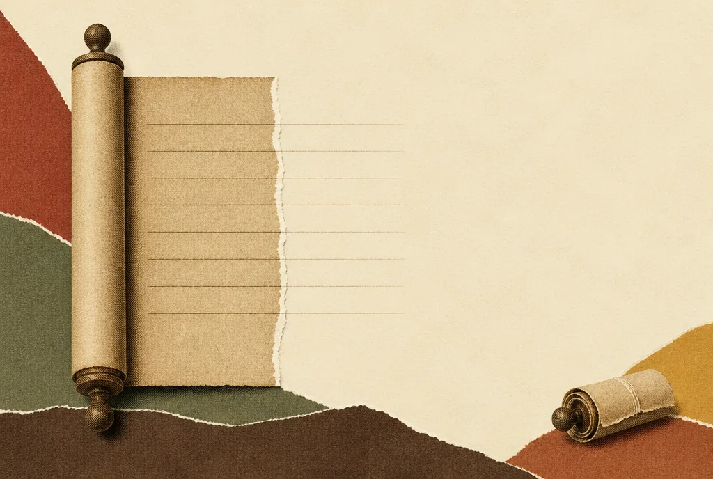 An open scroll cut straight through the middle of a line. The ruled lines of writing run off into empty cream paper. The severed right half of the scroll lies rolled up and smaller in the bottom corner.