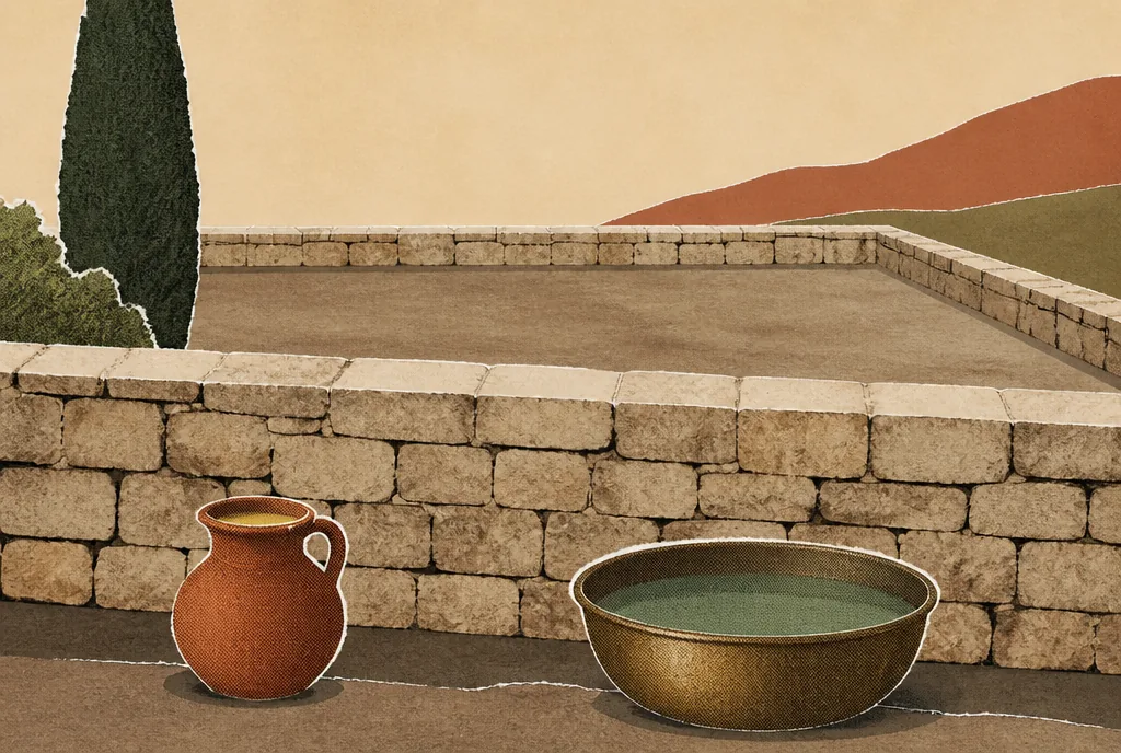 A stone boundary wall crosses the picture. The ground inside the wall is bare and empty. Outside the wall sit a small jar of oil and a bronze washing basin, both of them full.