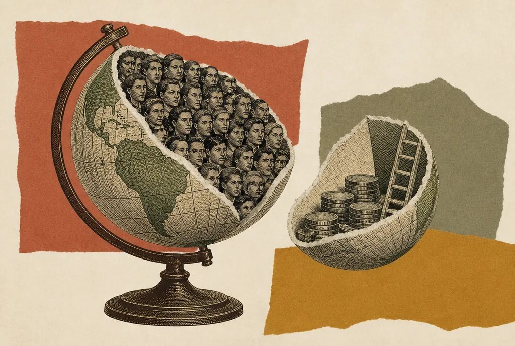 An engraved globe torn into two uneven halves that no longer fit together. The larger half is filled with a crowd of tiny engraved faces. The smaller half contains a stack of coins and a ladder.