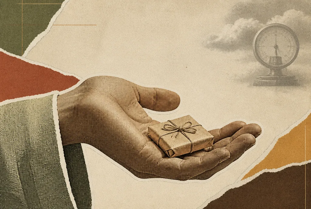 A large open hand reaches across the picture, holding out a small plain wrapped object. In the far corner, very small and faded, are a barometer dial and a wisp of cloud.