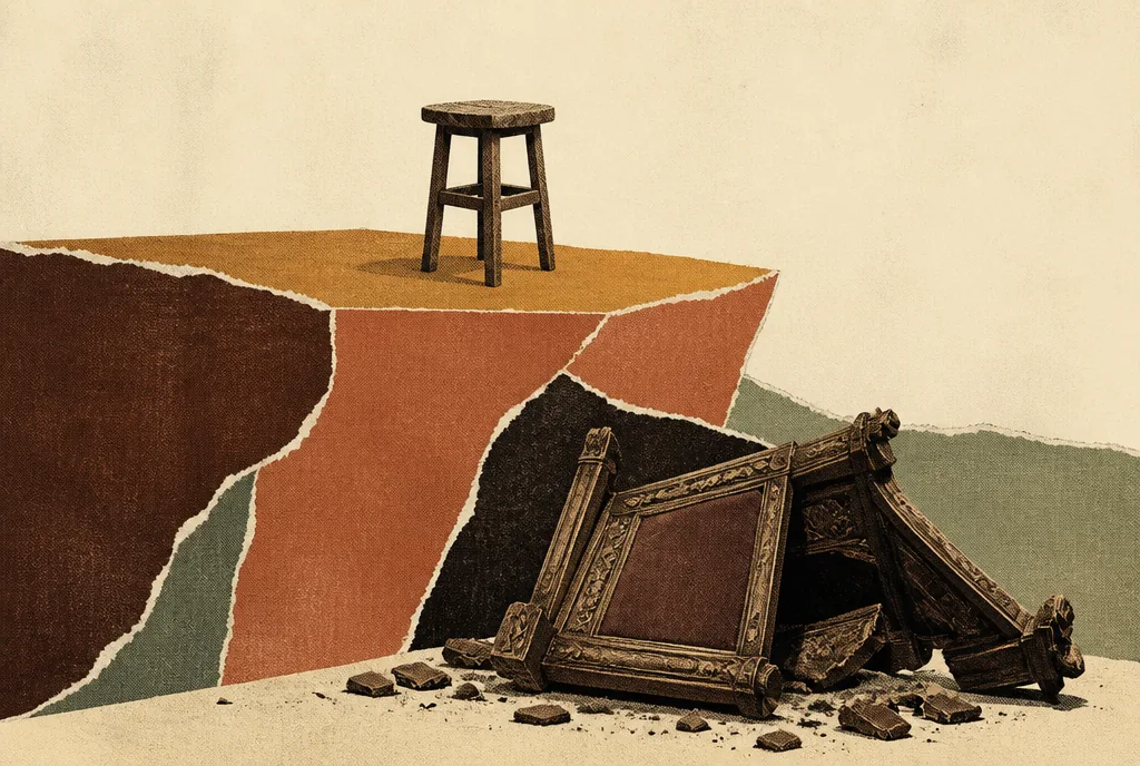 A heavy carved throne lies toppled on its side low in the picture, broken. Above it, on a raised platform of torn gold-brown paper, a small plain wooden stool stands upright.