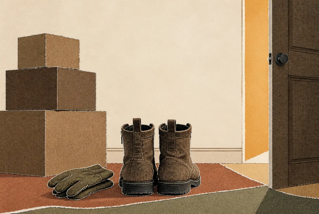 At the edge of the picture a door stands half open with warm light in the gap. In the centre, turned away from the door, are a pair of heavy work boots, folded work gloves and a stack of packing boxes.
