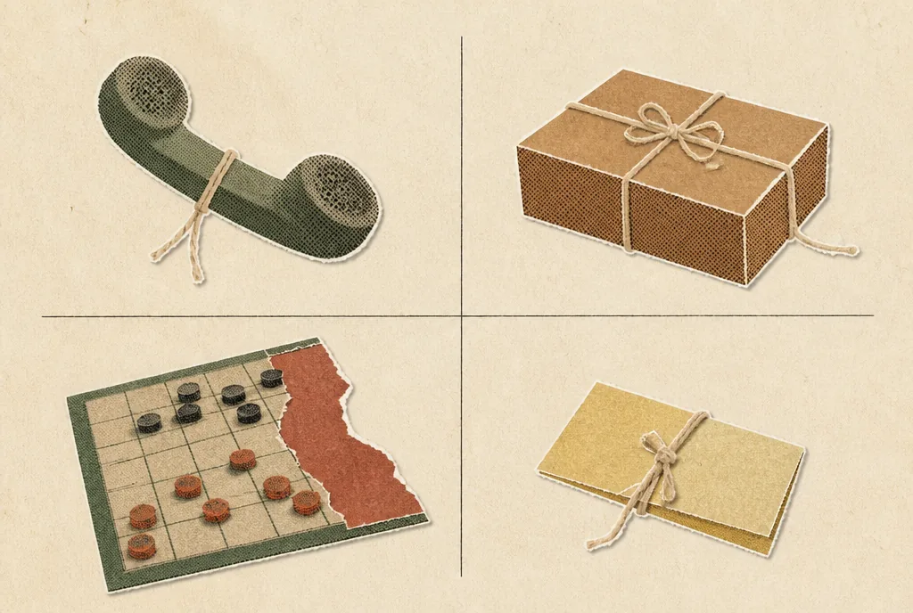 Four small everyday objects laid out on a ruled grid, each with a short piece of string tied to it: a telephone handset, a wrapped parcel that has not been sent, a half set up board game, and a folded slip of paper.