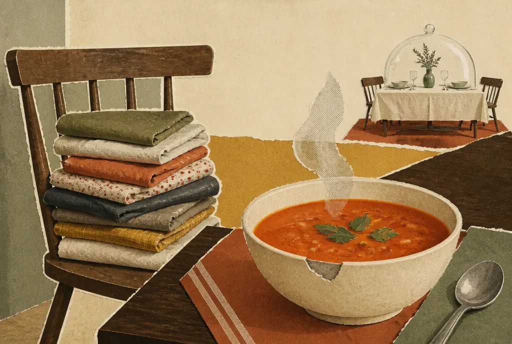 A pile of unfolded laundry pushed along a kitchen chair to make room to sit, with a chipped bowl of steaming soup next to it, large in the middle of the picture. In the far corner, very small, a perfectly set table sits under a glass cover.