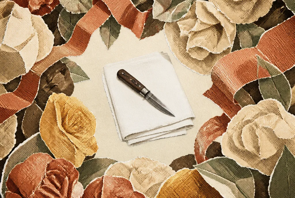 011-the-friend-who-tells-you-the-truth-1 A small clean blade lies on a folded white cloth in the centre of the picture, sharply drawn. Crowding in from all the edges is a large, soft, pale mass of cheap paper flowers and ribbon.