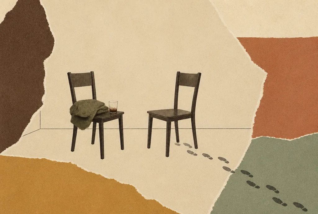 011-the-friend-who-tells-you-the-truth-2 Two plain chairs pulled close together and facing each other. On one there is a folded coat, with a half-finished cup beside it. From the other, a dotted line of footprints leads away to the edge of the picture.