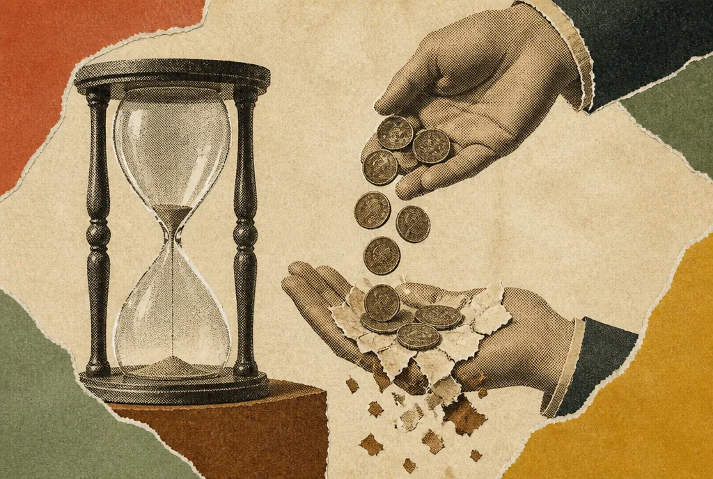 An hourglass with almost all its sand run through. Beside it, coins pour from one open hand into another. The coins are made of torn paper and are crumbling as they fall.