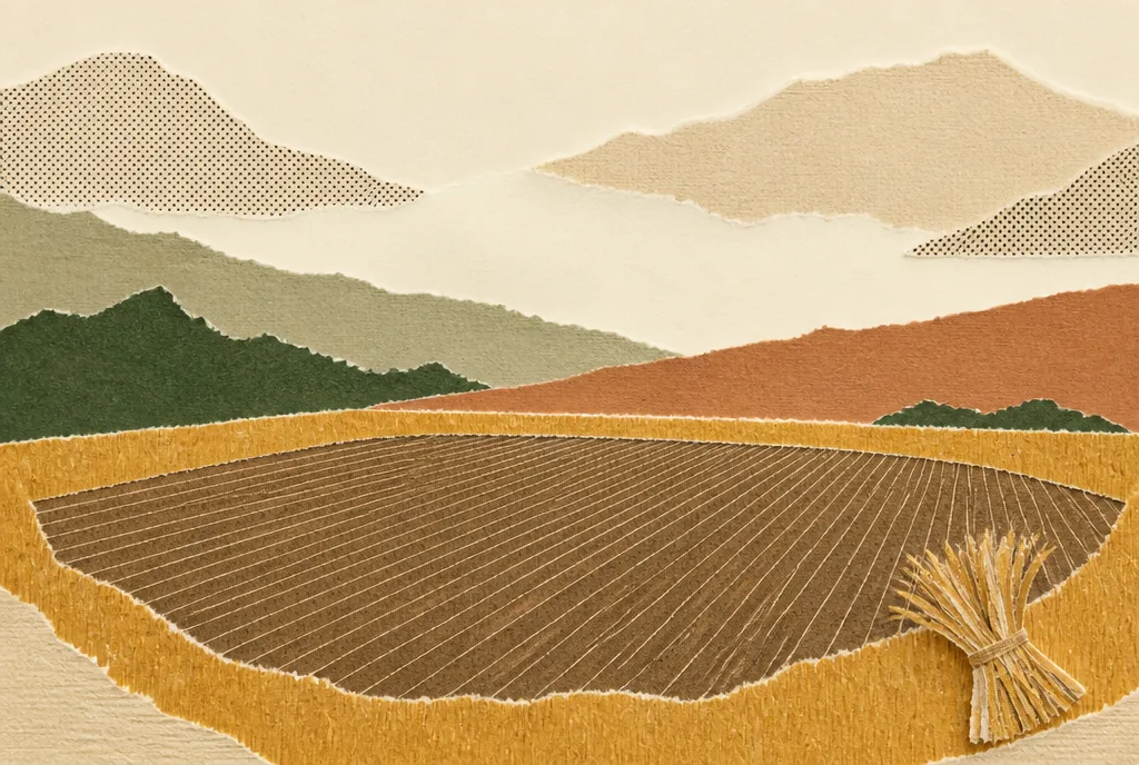 A harvested field shown in dark brown, the cut stubble drawn as straight ruled lines. A bright gold-brown band of uncut standing barley is left around the whole outer edge of the field. A small bundle of gathered stalks lies on that edge.