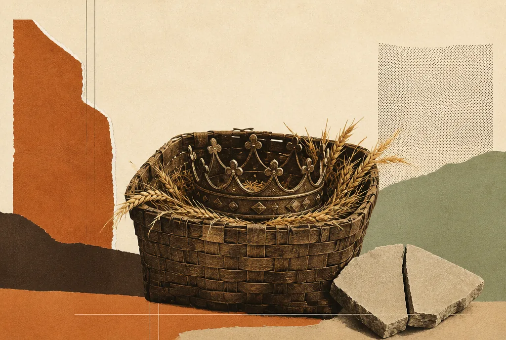 A worn, dusty woven basket sits in the centre of the picture. A heavy royal crown rests inside it among loose stalks of barley. A broken stone tablet lies at the edge of the picture.
