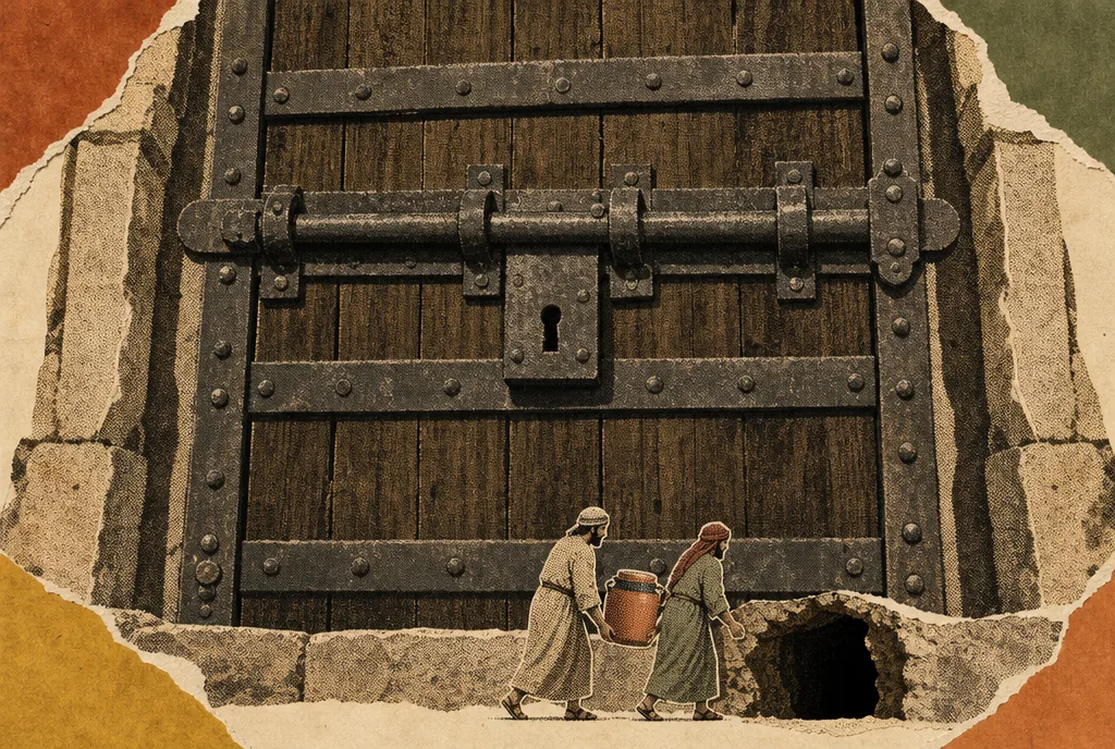 014-the-first-people-at-the-tomb-1 A large wooden door barred from the inside fills most of the picture. Along the bottom edge, drawn small, two figures walk carrying a jar of spices towards a dark opening in a rock face under a pale dawn sky.
