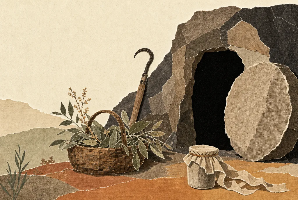 014-the-first-people-at-the-tomb-2 A pruning hook and a gardener's basket of cuttings lean against the mouth of a dark tomb cut into rock. On the ground beside them sits a jar of burial spices with its cloth cover untied.