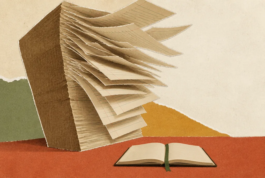 A tall block of hundreds of ruled paper pages topples sideways out of the picture, fanning apart. At its base sits one small slim book lying flat open, with a ribbon marking the page.