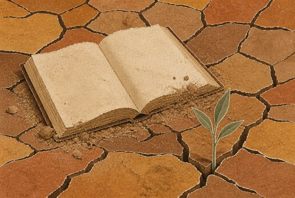 Dry cracked earth in brown and gold-brown fills the picture. A plain open book lies face up on it, half covered in dust. A single small green shoot grows out of one of the cracks.