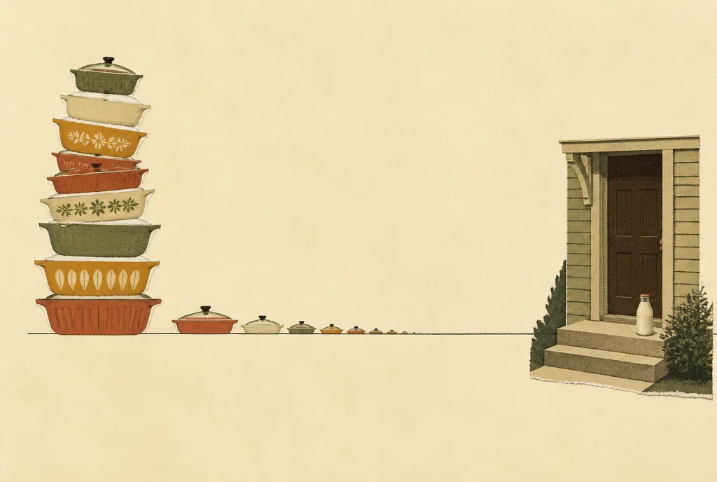 A long thin line runs across the picture. At the left end, covered casserole dishes are piled up and crowded together. Along the line they thin out until there are none. At the right end is an empty doorstep with a single unopened milk bottle.