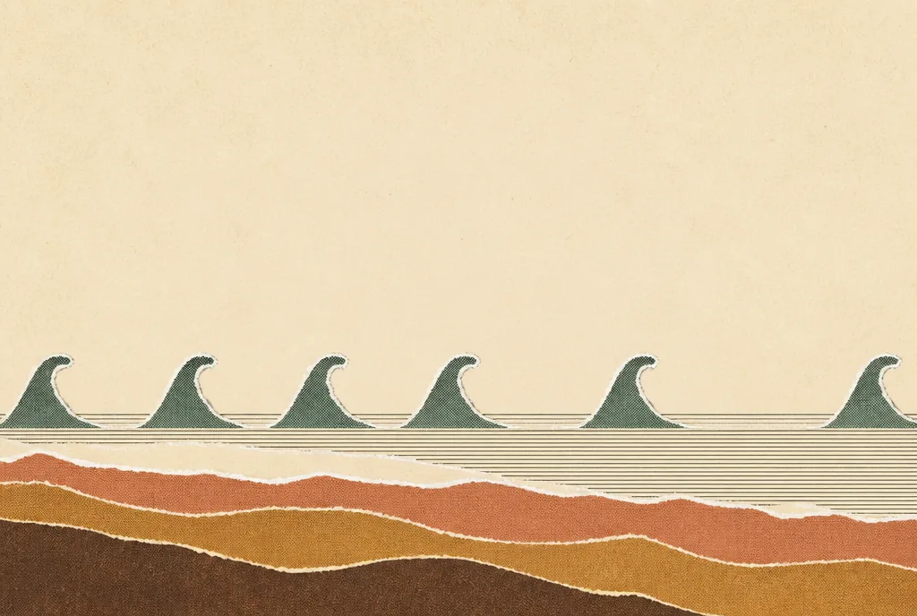 A row of wave crests made of torn paper sits along a ruled horizon line. Every wave is exactly the same height as the first. The flat stretches between the waves get wider and wider from left to right.