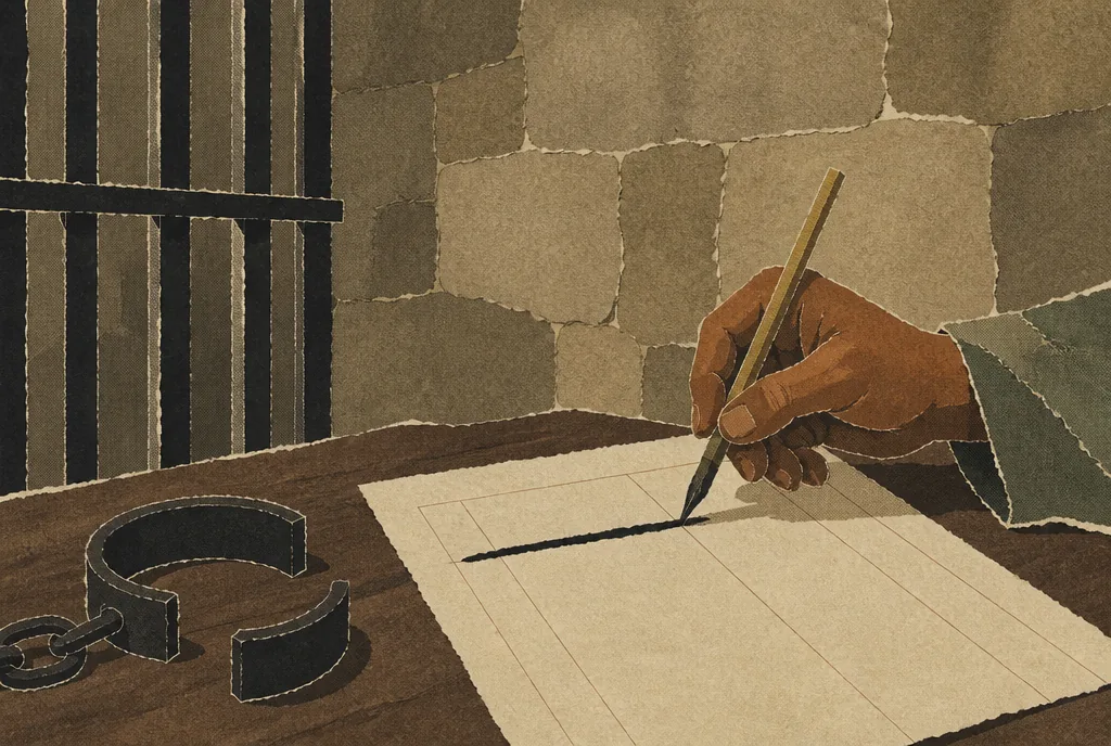 A collage of iron prison bars at one side. A hand reaching between the bars holds a pen and draws a thick line through a column of entries in an open account book. An unlocked shackle lies open beside the book.