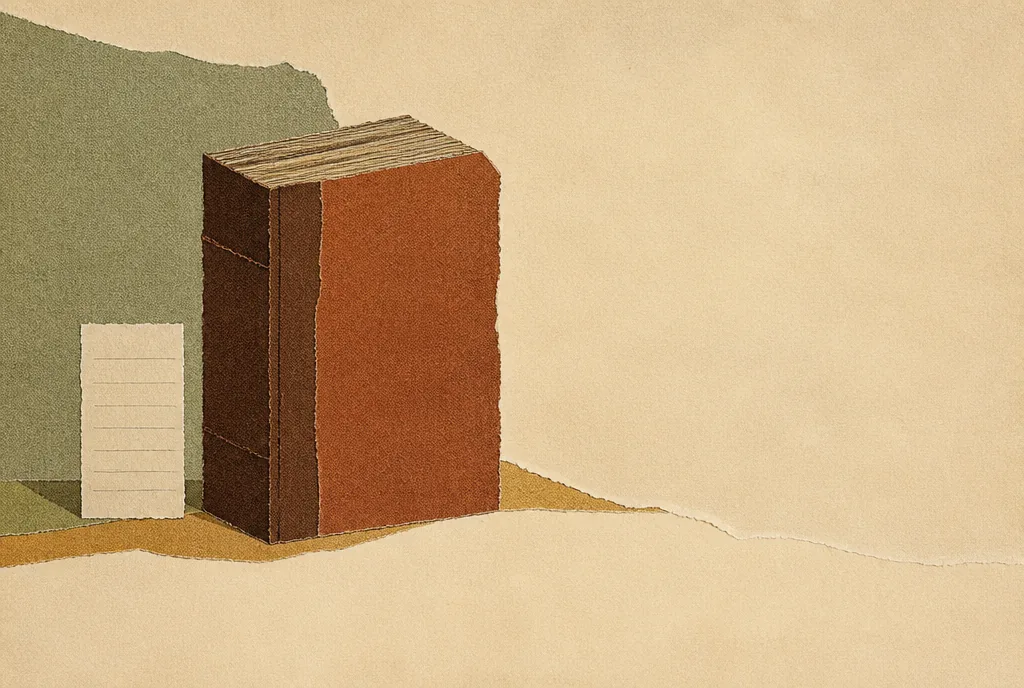 A small torn page ruled with blank lines standing next to a large thick closed book several times its size. Empty pale paper fills the space below the small page.
