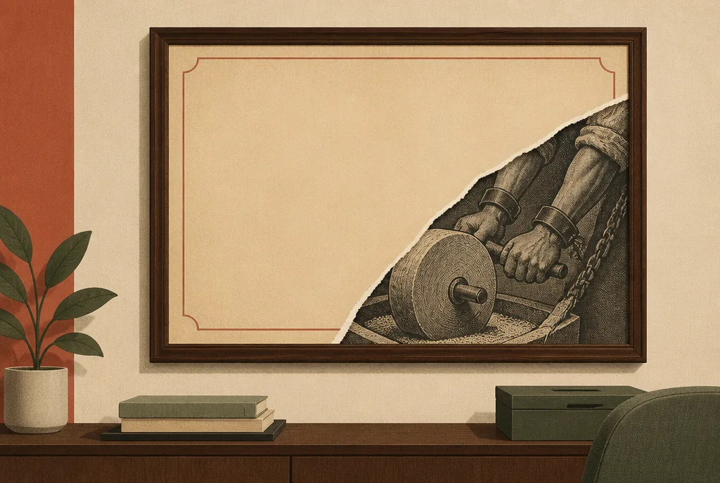 A decorative empty picture frame on an office wall with its lower corner ripped off. Behind the rip is an old engraving of shackled wrists turning a hand mill.