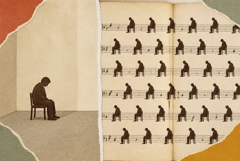019-the-psalms-were-a-songbook-1 On one side, a dark cut-out of one person sitting alone. On the other side, the same silhouette repeated in a row across an open songbook page printed with music staves and note heads.