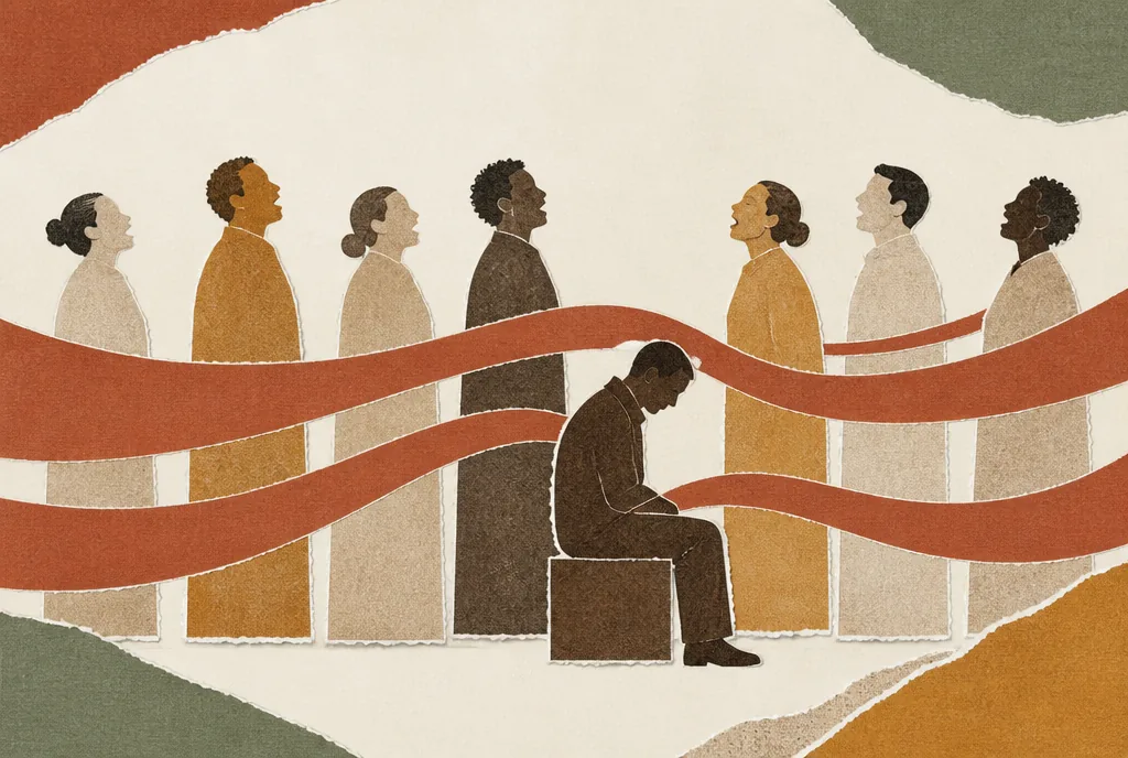 019-the-psalms-were-a-songbook-2 A row of pale standing figures with open mouths, singing. One darker figure sits among them with its head down and mouth closed. Wide flat bands run from the standing figures across and around the seated one.
