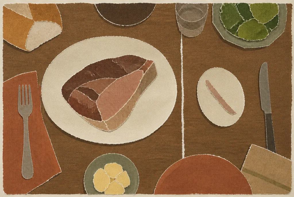 A table viewed from above with a serving platter holding a cut of meat. Next to it a small separate dish holds one narrow strip that has been cut away from the meat. A thin ruled line separates the two dishes.