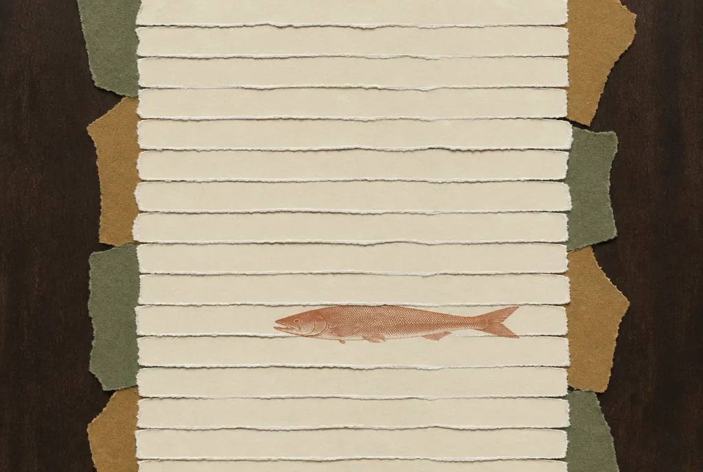 021-three-days-in-a-fish-1 A tall stack of many identical blank paper strips. One strip near the top of the stack contains an engraved picture of a large fish; all the others are empty.