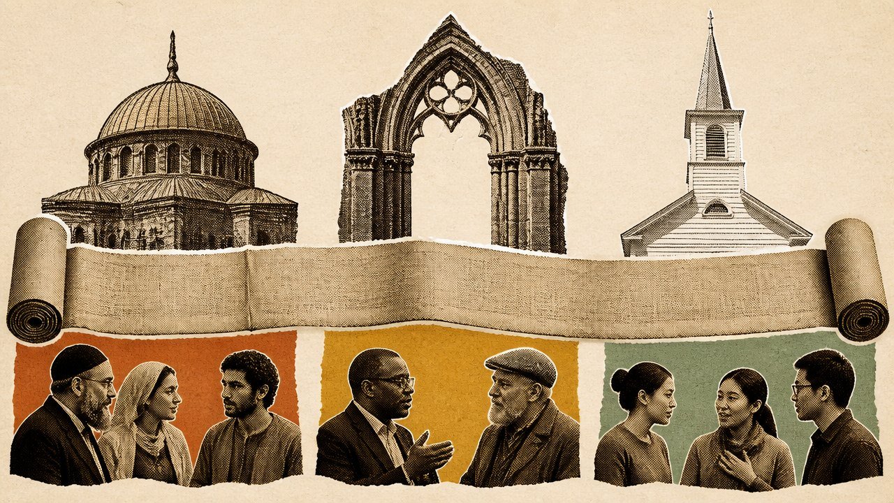 A dome, a gothic arch and a plain steeple above one unbroken scroll