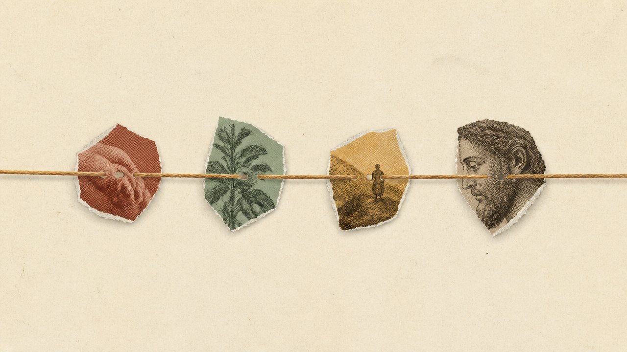 A cord running through four torn paper fragments