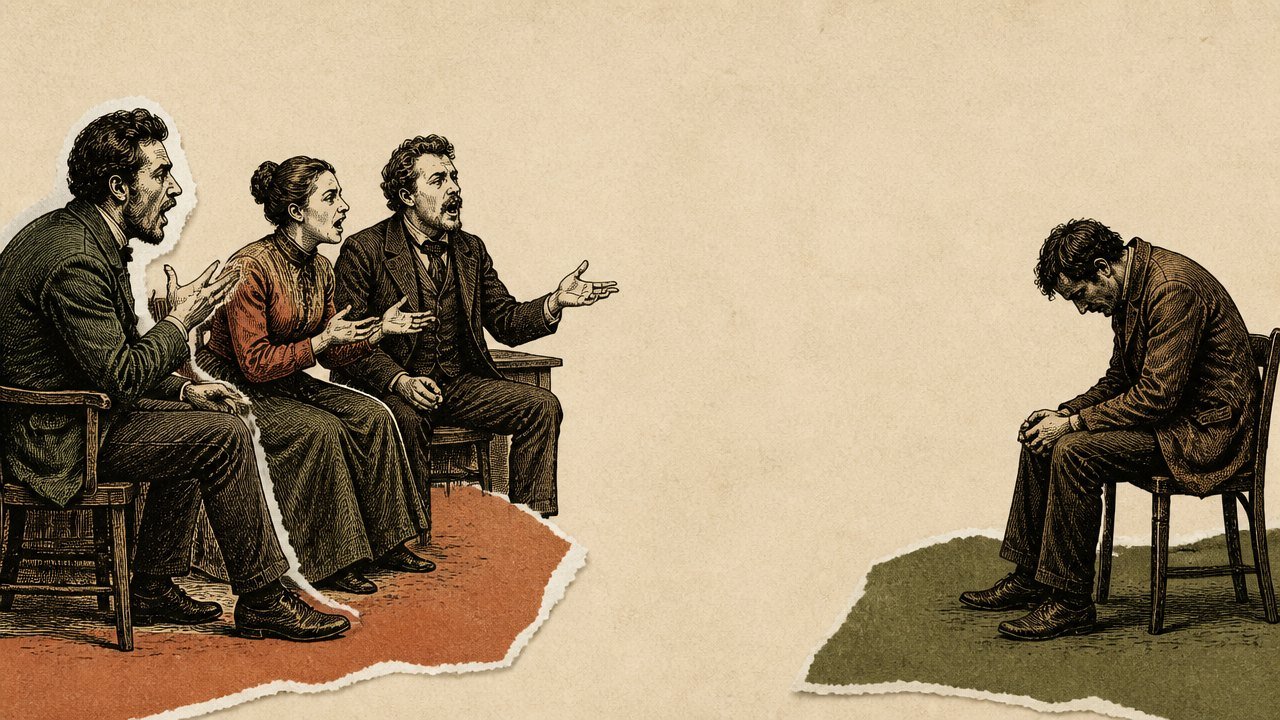 blog-003_0 Three figures talking across an empty space toward one seated alone