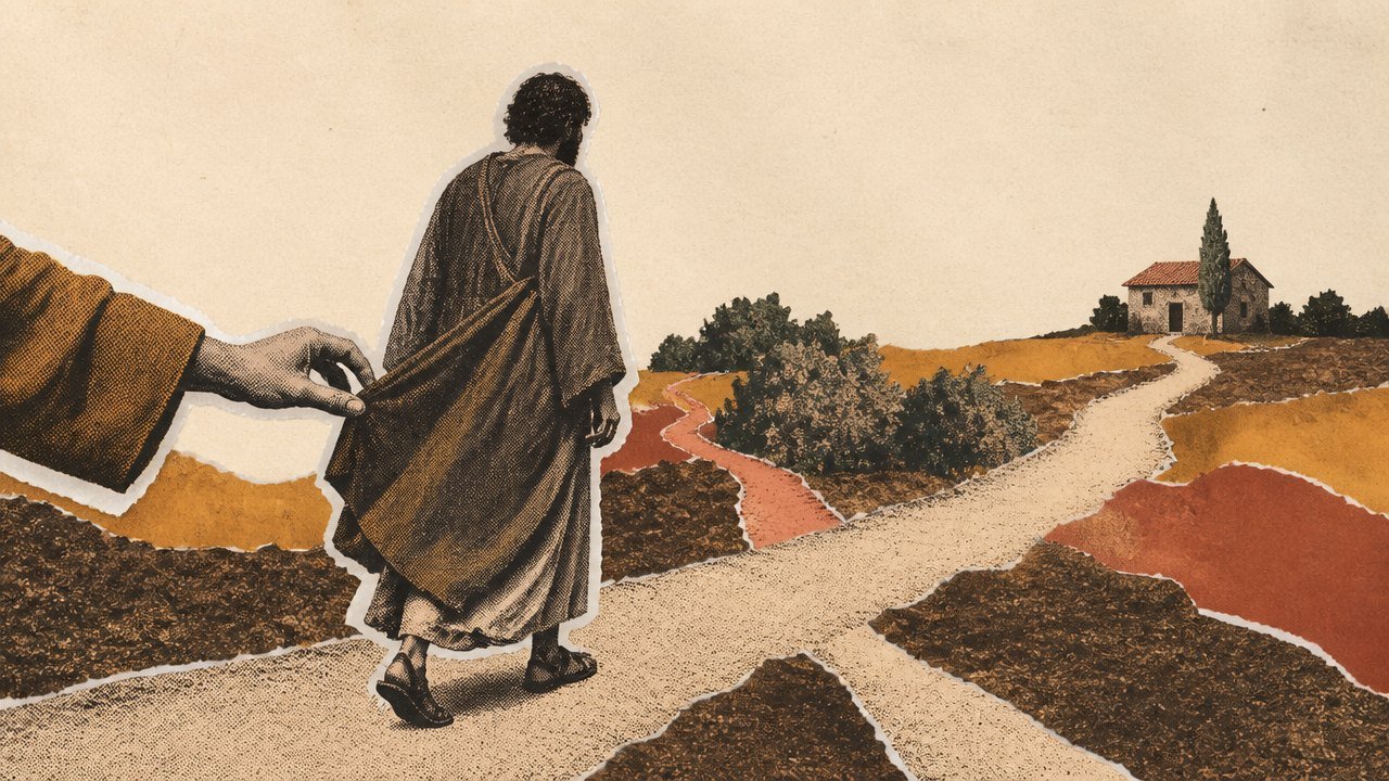 blog-004_0 A traveller on a road, a hand reaching in to touch his cloak, a house still distant