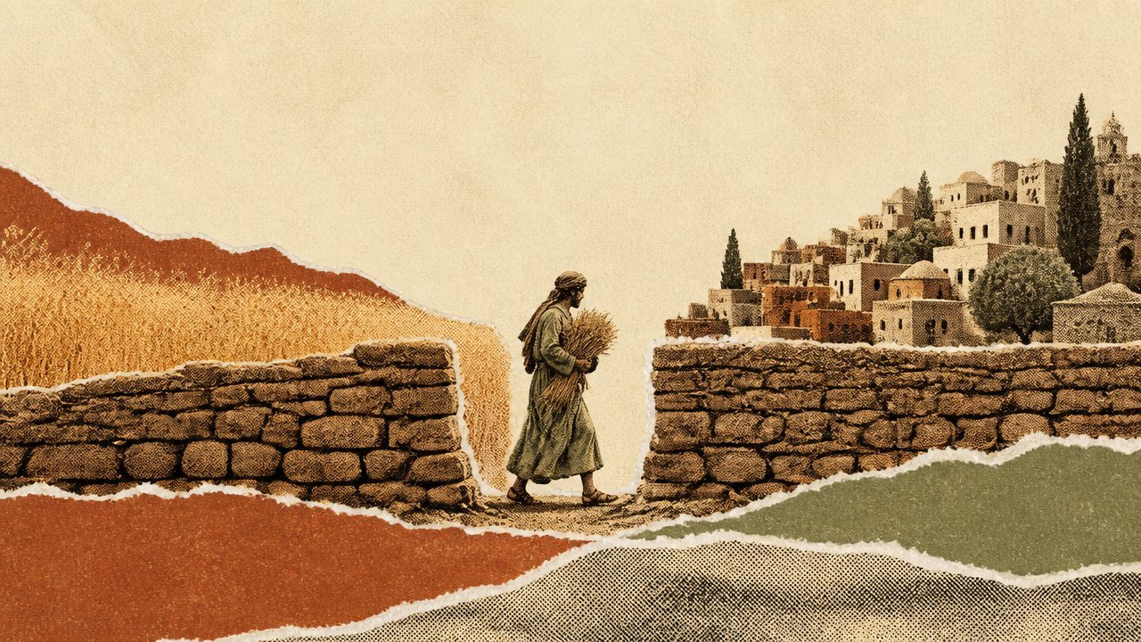 blog-013_0 A woman carrying gathered grain through a gap in a boundary wall