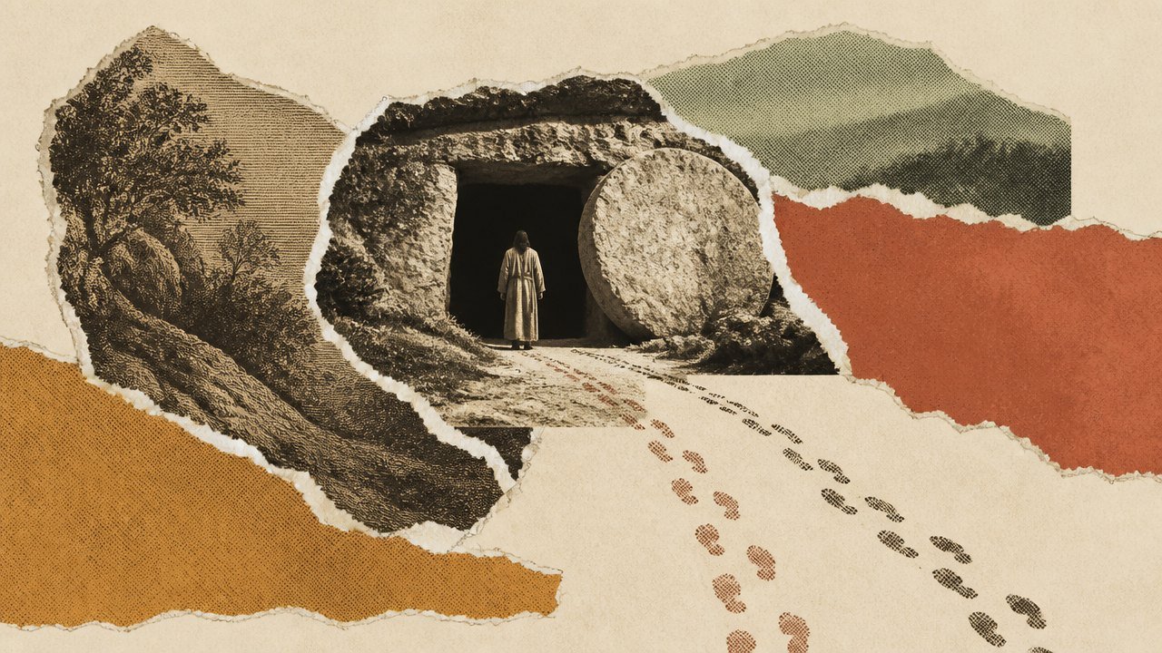 blog-014_0 An open tomb, footprints leading away, one figure still standing there