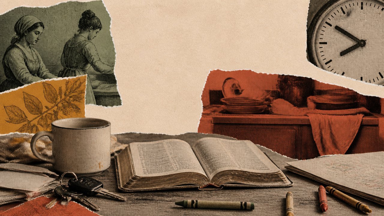 blog-015_0 An open Bible on a cluttered kitchen table among keys, a mug and crayons