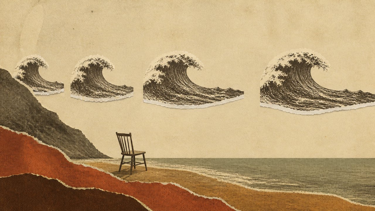 blog-016_0 Waves spaced progressively further apart above an empty chair on a shore