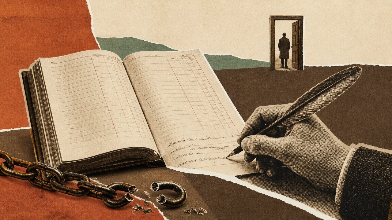 blog-017_0 An open ledger, a hand signing with a quill, a broken chain, a doorway beyond