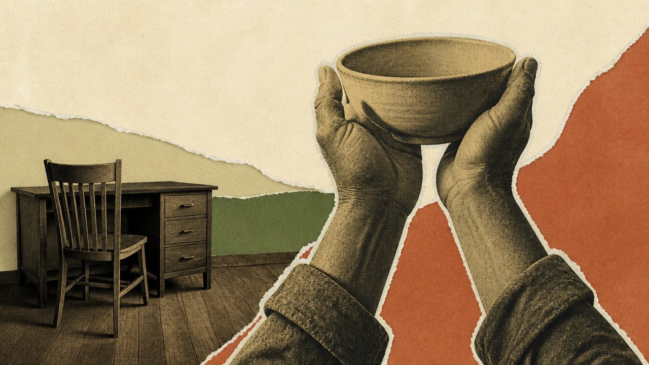 blog-018_0 Work-worn hands lifting a plain bowl upward, an empty desk behind