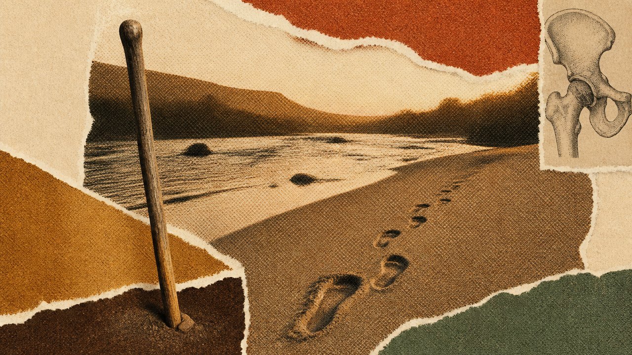 blog-020_0 A staff planted by a river ford at dawn, footprints with one dragging