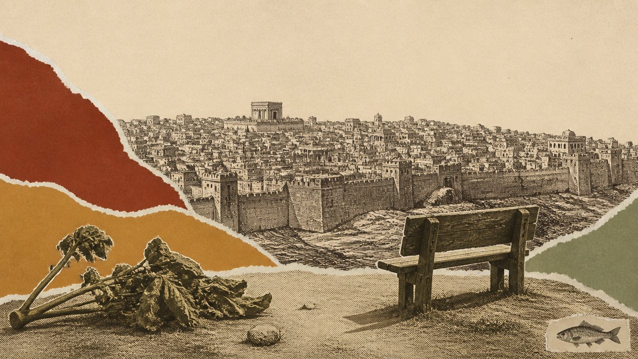 A great walled city dominating the frame, a withered plant, a bench on the hill, and a very small engraving of a fish in the corner