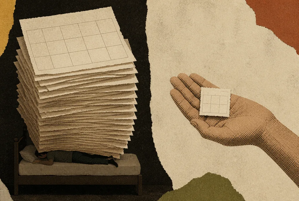 A large fan of many identical blank calendar grids leaning heavily over a small figure lying on a bed in a dark room. On the other side of the picture, a single small blank calendar square rests in an open hand.
