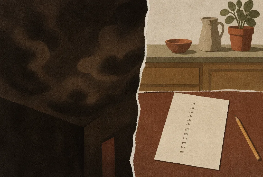 One half of the picture is a dark ceiling with shapeless clouds of smoke spreading across it. The other half is a plain sheet of paper on a kitchen table in daylight, ruled with a short column of small tally dashes, a pencil lying next to it.