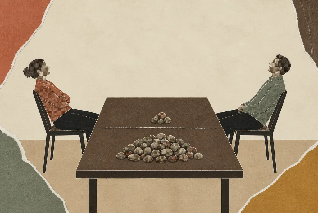 Two people sit in chairs on opposite sides of a plain table, both leaning back away from it. On the table, small stones are divided by a ruled line into two piles; the pile closest to the viewer is clearly the bigger one.