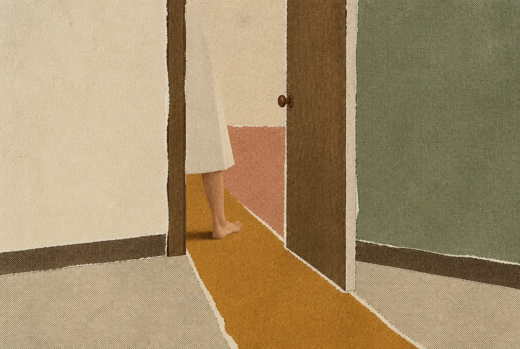 An open interior doorway between two plain rooms with a strip of warm floor running through it. A pair of bare feet stands on the threshold, pointed toward the room beyond, caught mid-step.