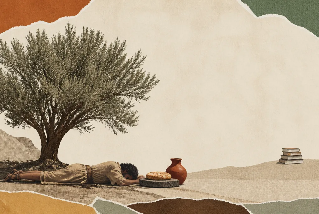 A man lies flat on the ground under a low desert shrub. Right beside his head sit a round flat loaf on a hot stone and a clay water jar, drawn large and clearly. In the far distance at the other side of the picture is a small closed stack of books.