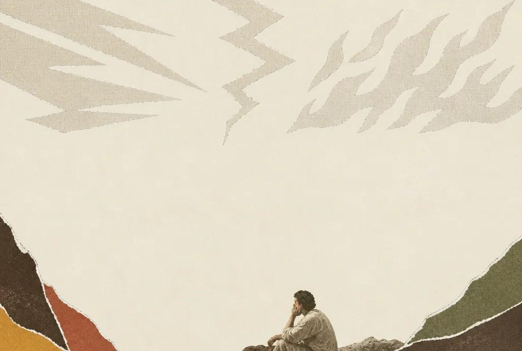 Three large pale hollow shapes fill the upper part of the picture: a wedge of wind splitting rock, a crack in the ground, and a wall of fire, all drained of colour. At the bottom a person sits, and a single small strongly coloured mark rests beside their ear.