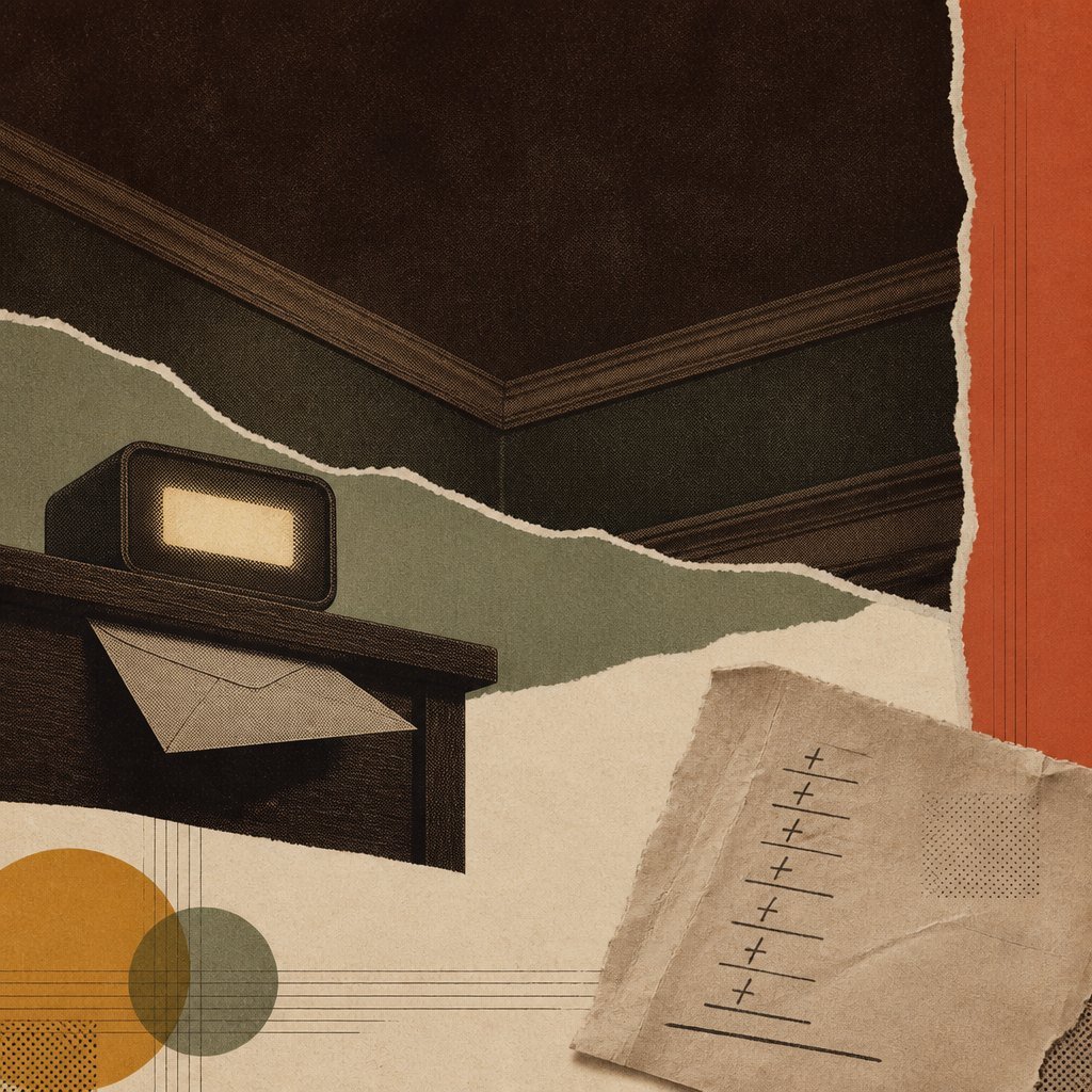 A dark bedroom ceiling above a faintly lit clock, an unopened envelope, and a torn scrap of paper carrying a column of sums